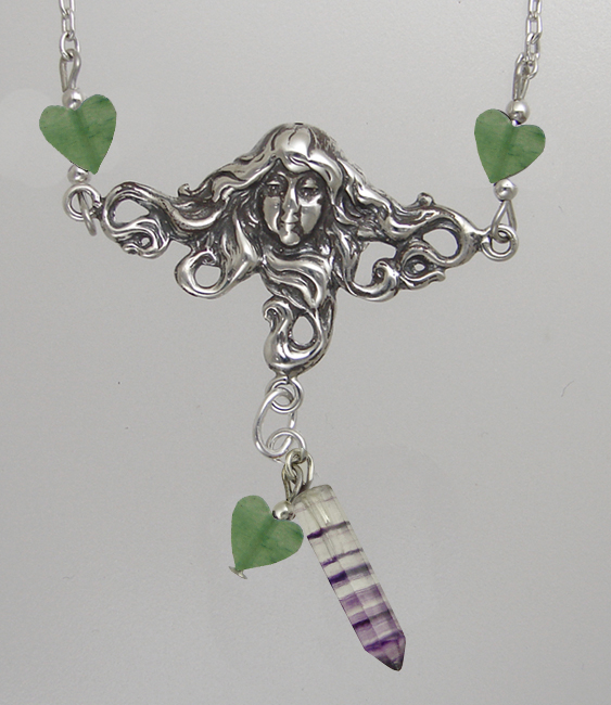 Sterling Silver Woman Maiden of the Gentle Heart Necklace With Fluorite And Jade Heart